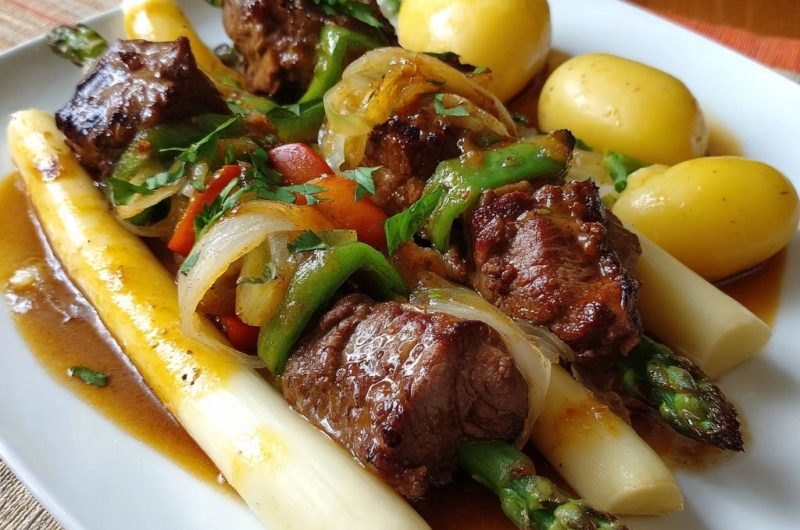 Deftige Spieße mit zweierlei Spargel und Kartoffeln