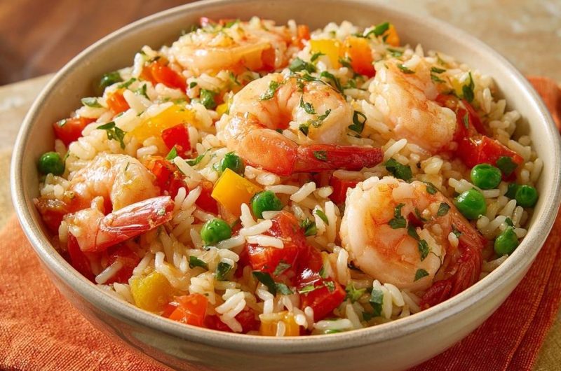 Gebratener Reis mit Garnelen, Paprika und Erbsen