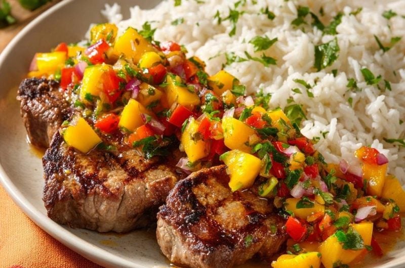 Gegrilltes Rindersteak mit Mango-Paprika-Salsa zu Reis