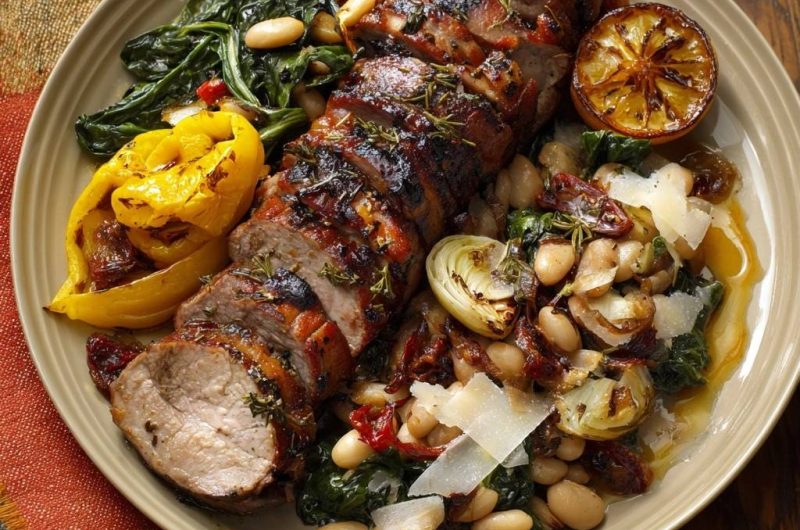 Gegrilltes Schweinefilet mit Spinat, weißen Bohnen, Paprika & Artischocken