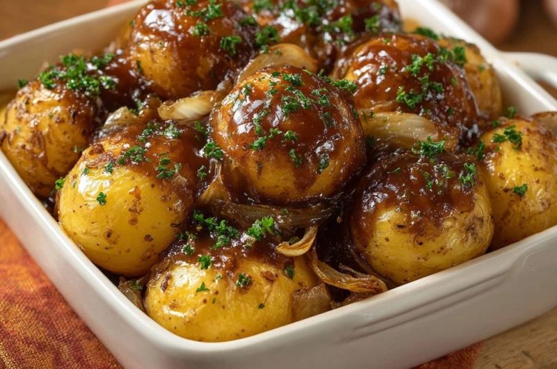 Knusprig glasierte Babykartoffeln mit Zwiebeln