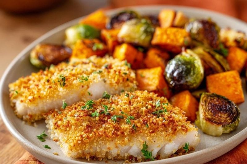 Knuspriger Panko-Fisch mit Rosenkohl & Süßkartoffeln