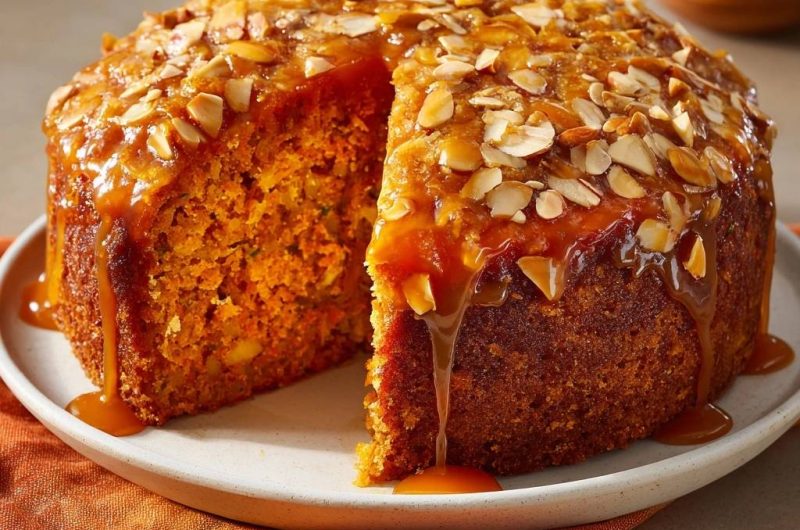 Saftiger Karottenkuchen mit Mandeln und Karamell