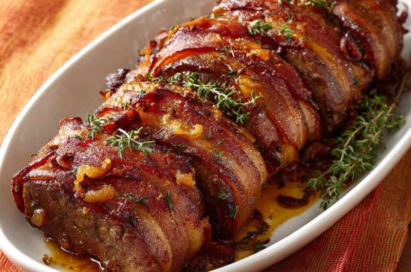 Saftiger Speck-umhüllter Hackbraten mit Orangen-Glasur