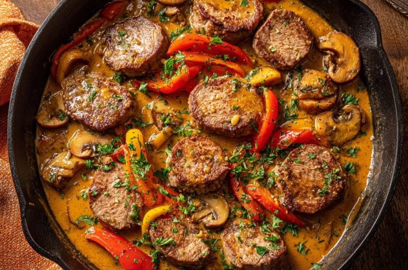 Saftiges Rindfleisch mit Pilzen und Paprika