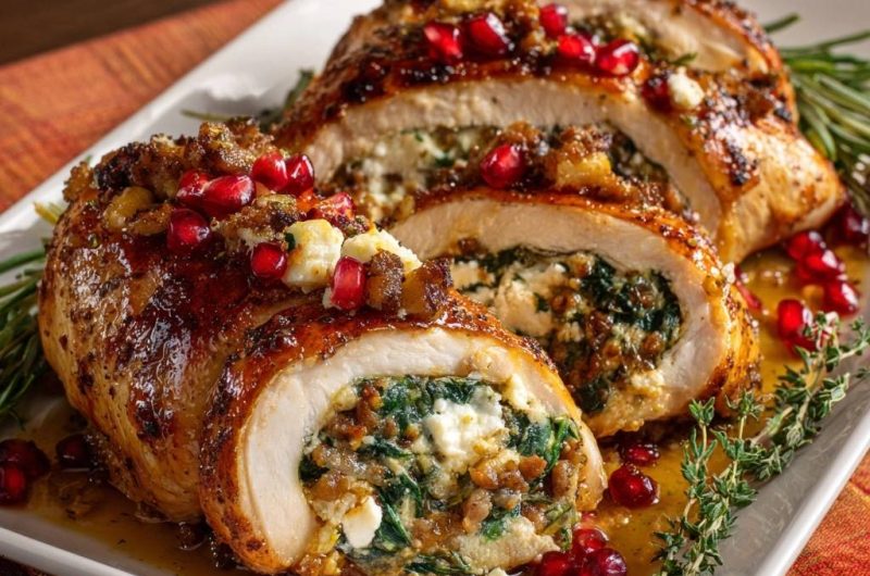 Spinat-Feta-gefüllte Hähnchenbrust mit Walnüssen & Granatapfel