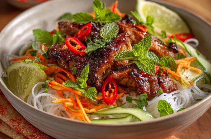 Vietnamesischer Reisnudelsalat mit karamellisiertem Hähnchen