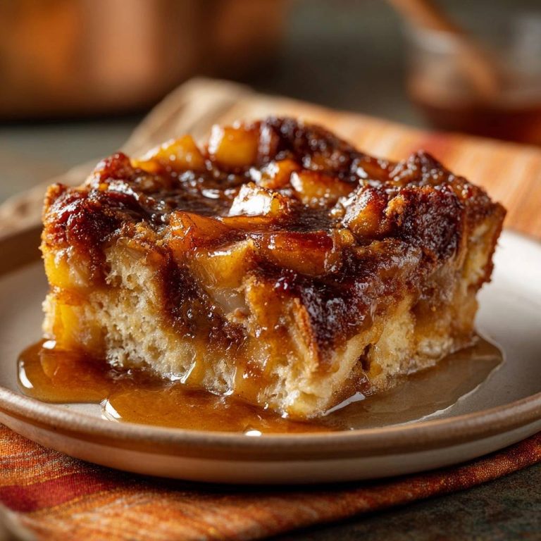 Apfel-Karamell Upside-Down Kuchen als angeschnittene Portion auf einem Teller mit flüssigem Karamell.