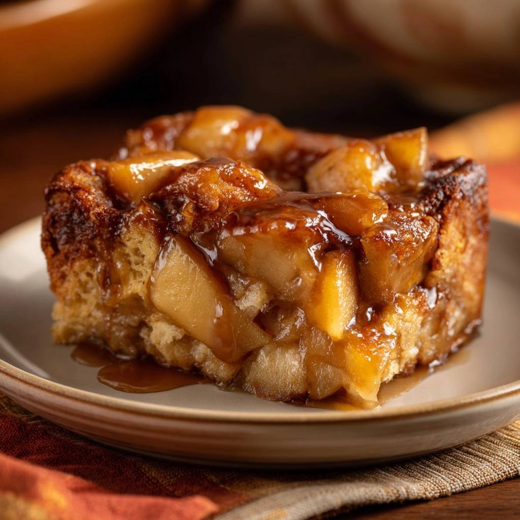 Apfel-Karamell Upside-Down Kuchen als Nahaufnahme eines servierten Stücks auf einem Teller mit karamellisierter Apfelschicht.