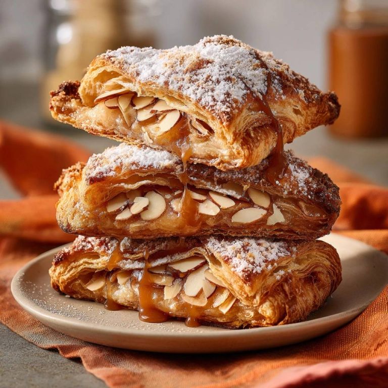 Apfel-Mandel-Croissants mit Karamell – eine gestapelte Kaskade mit flüssigem Karamell und Puderzucker bestäubt.