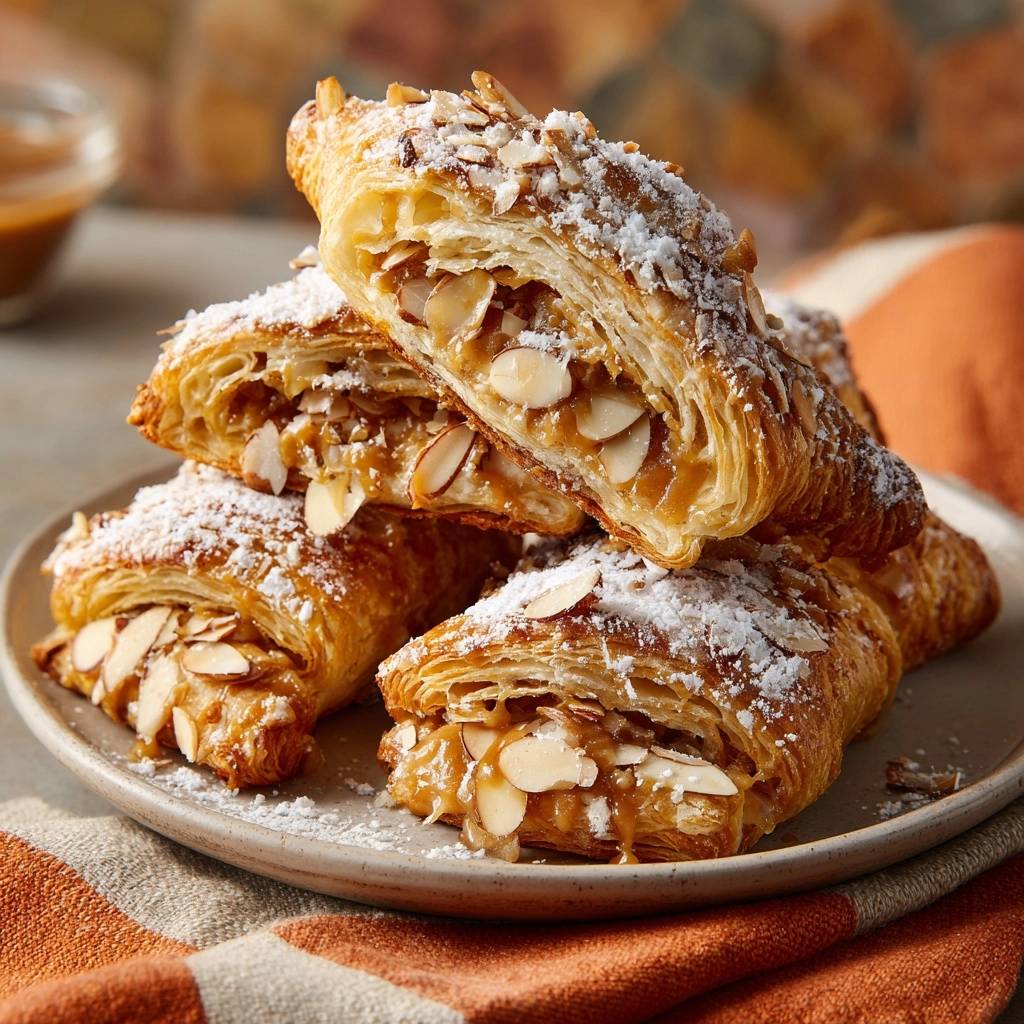 Apfel-Mandel-Croissants mit Karamell – knusprig! – Nahaufnahme des angeschnittenen Croissants mit Mandeln und Karamellfüllung.