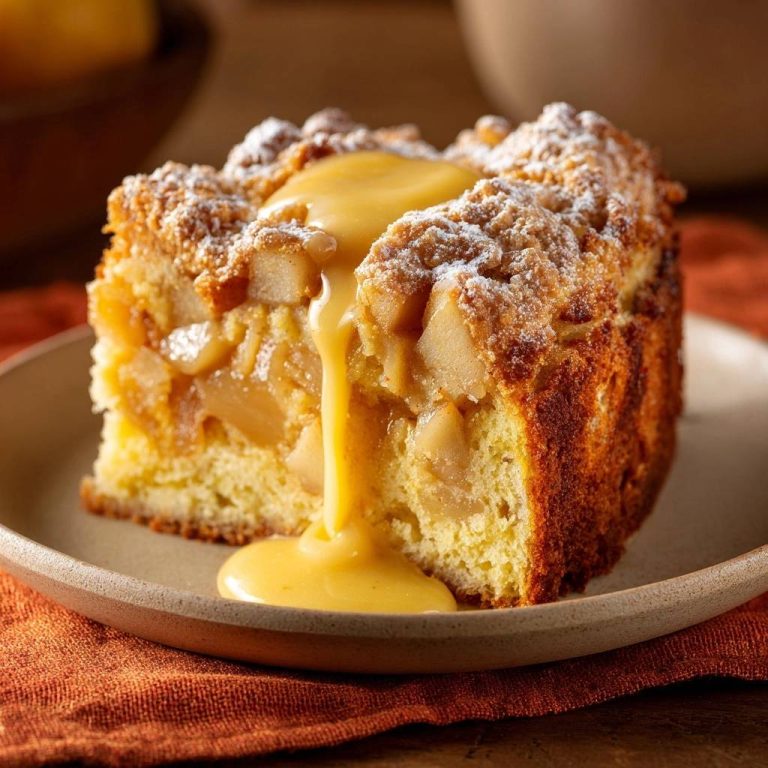 Apfelstreuselkuchen mit Vanillesauce, ein angeschnittener Kuchen auf einem Teller mit überlaufender Sauce.