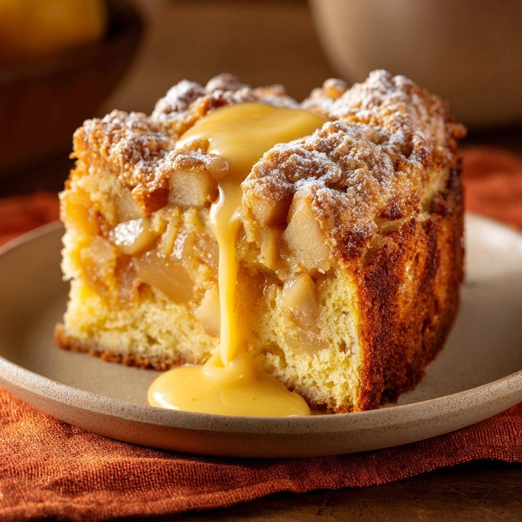Apfelstreuselkuchen mit Vanillesauce, ein angeschnittener Kuchen auf einem Teller mit überlaufender Sauce.