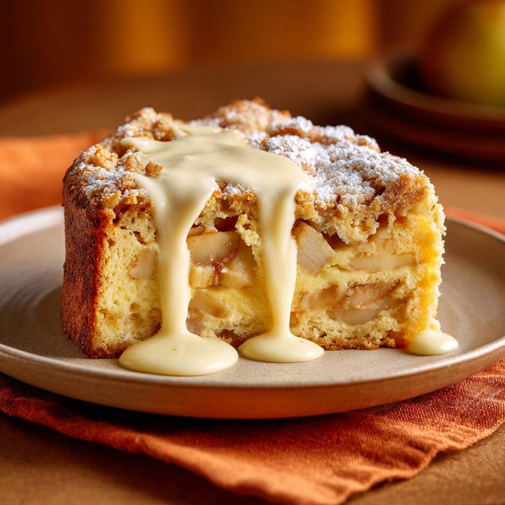 Apfelstreuselkuchen mit Vanillesauce, ein angeschnittener Kuchen auf einem Teller mit einer Nahaufnahme der saftigen Füllung und Streusel.