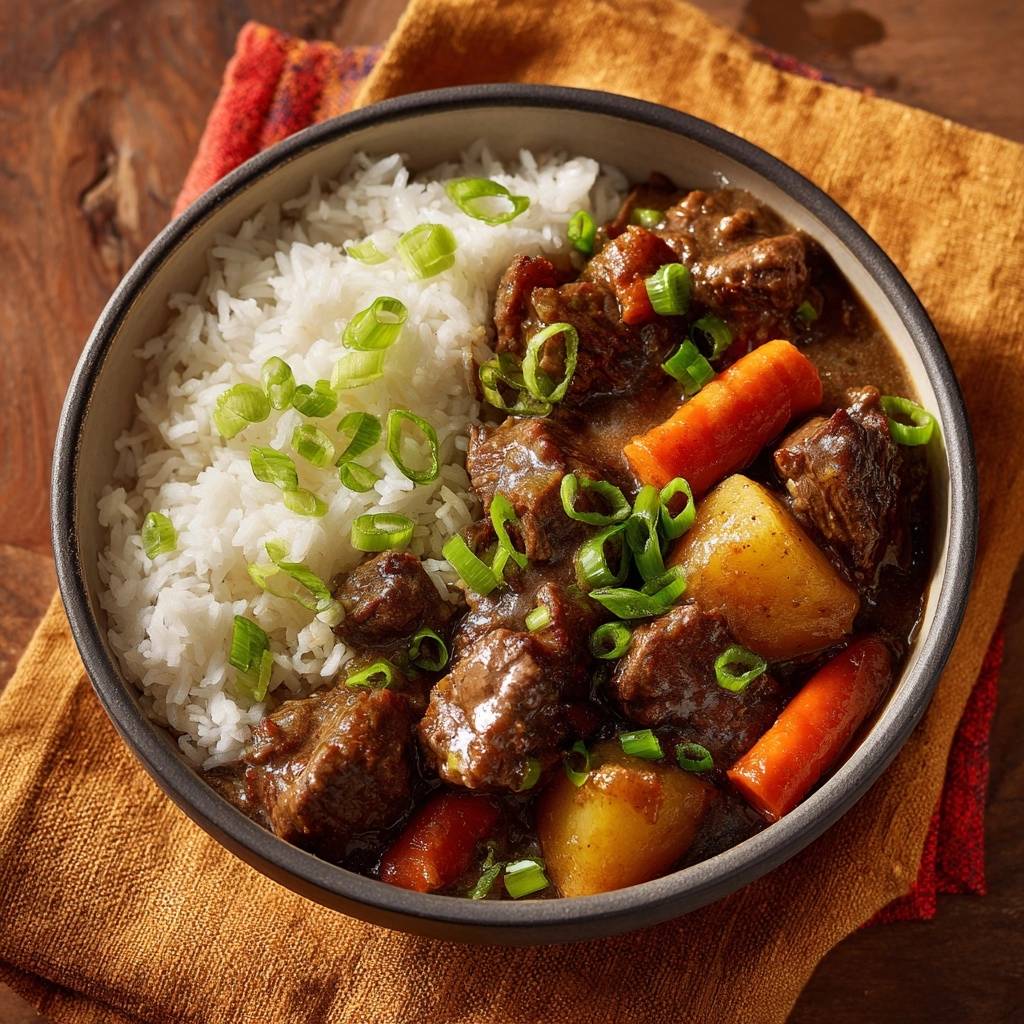 Asiatisches Rindfleisch-Curry mit Reis, garniert mit Frühlingszwiebeln, Karotten und Kartoffeln in einer Schüssel.