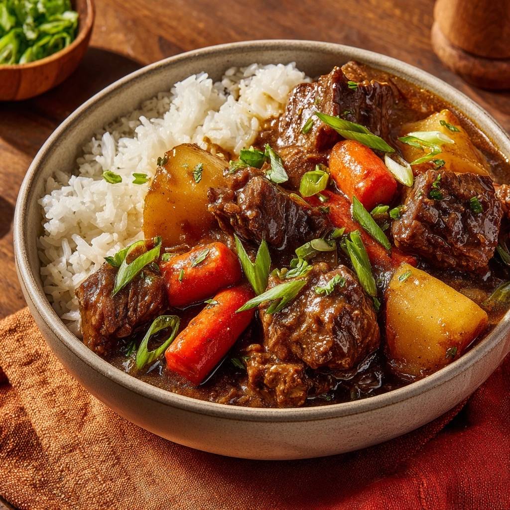 Asiatisches Rindfleisch-Curry mit Reis – eine Nahaufnahme der weichen Fleischstücke, Karotten und Kartoffeln, garniert mit Frühlingszwiebeln.