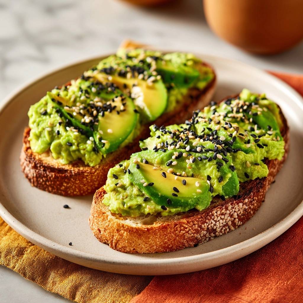 Knuspriger Avocado-Toast mit Sesam, garniert mit schwarzen und weißen Sesamsamen auf geröstetem Brot.