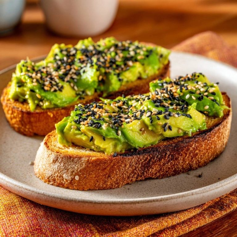 Knuspriger Avocado-Toast mit Sesam, Nahaufnahme der Toasts mit frisch aufgeschnittener Avocado und Sesam-Garnitur auf einem Teller.