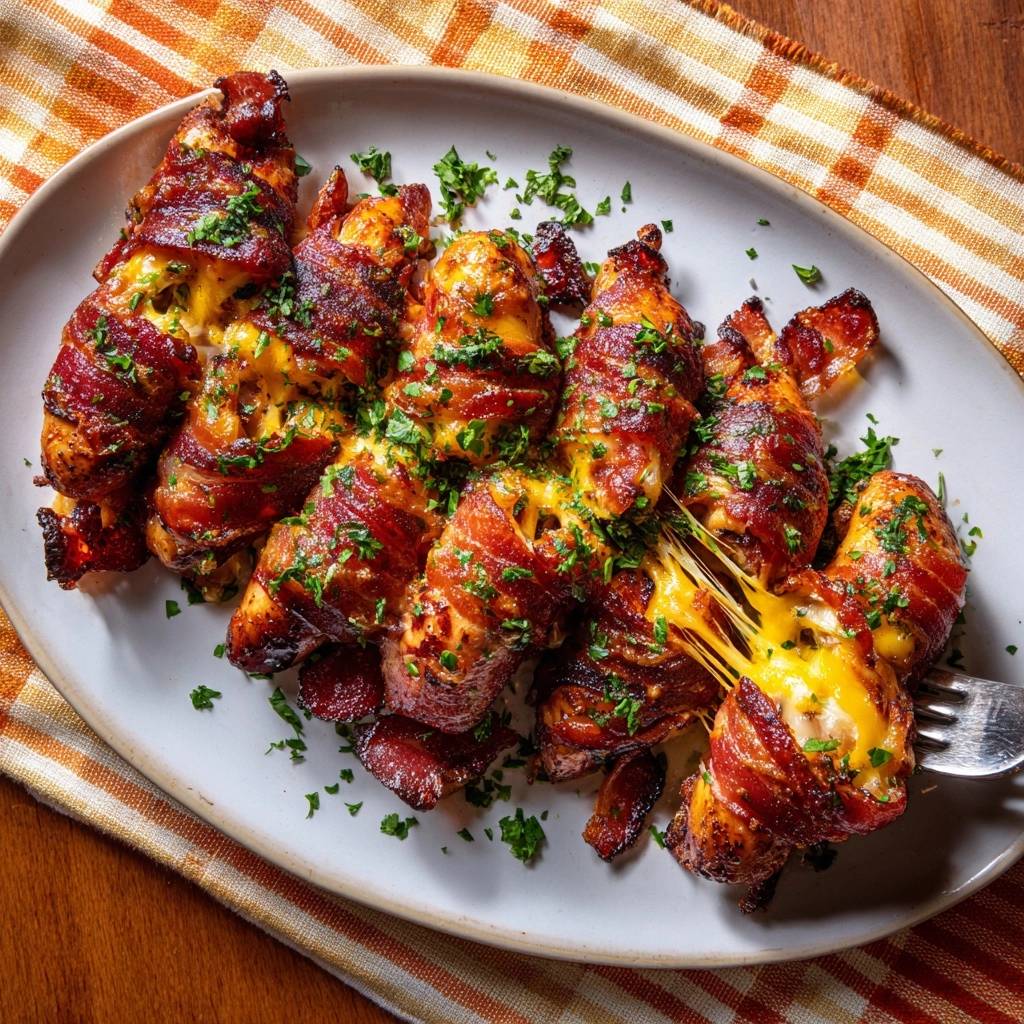 Knuspriger Bacon-Hähnchen mit Käsefüllung, ein Stück wird mit einer Gabel herausgezogen, wobei der geschmolzene Käse sichtbar ist.