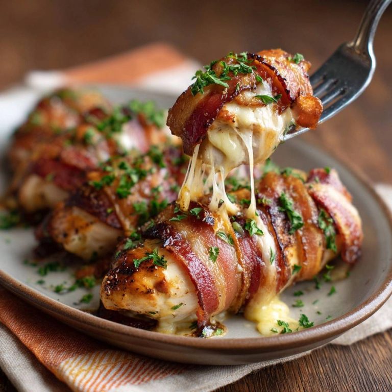 Knuspriger Bacon-Hähnchen mit Käsefüllung, der auf einer Gabel mit geschmolzenem Käse herausgezogen wird.