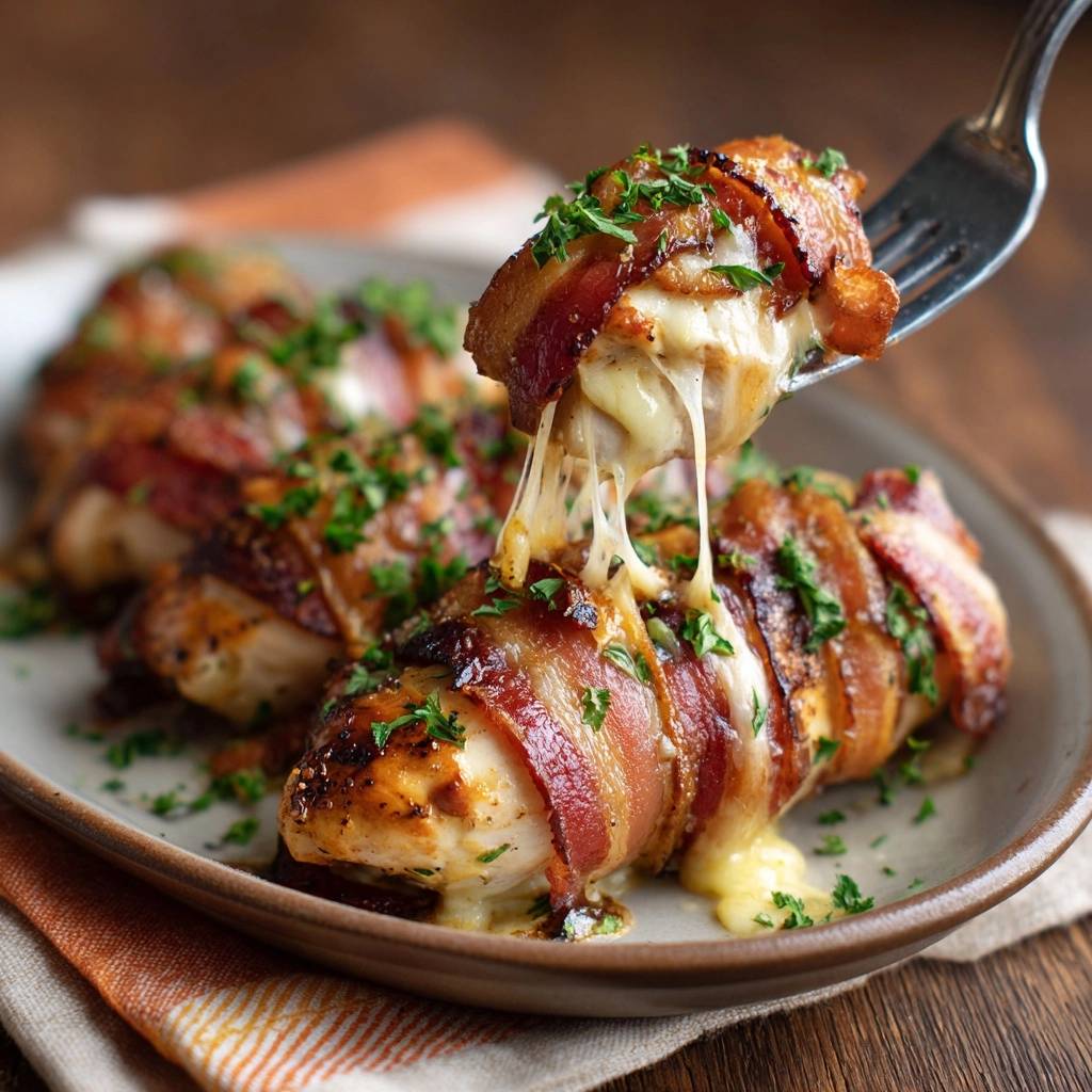 Knuspriger Bacon-Hähnchen mit Käsefüllung, der auf einer Gabel mit geschmolzenem Käse herausgezogen wird.