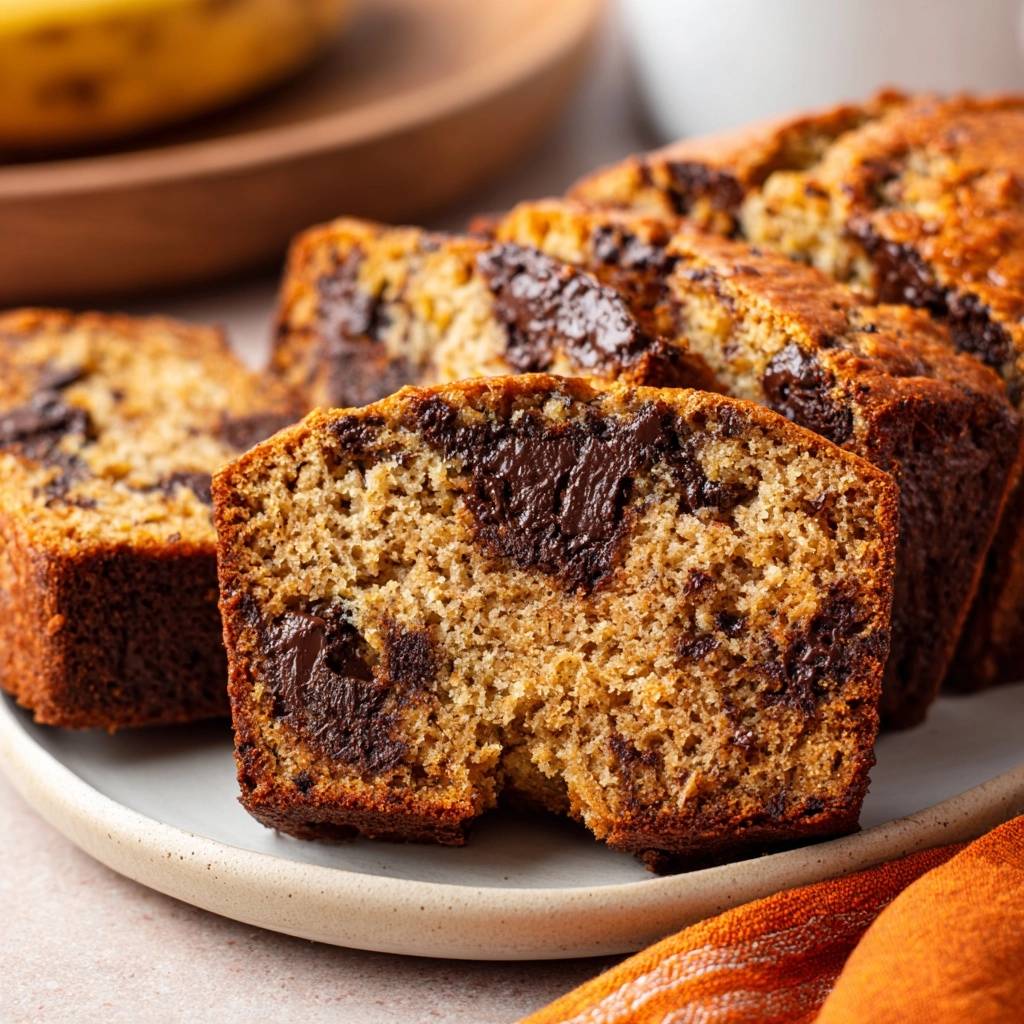 Saftiges Bananen-Schoko-Brot angeschnitten, das zeigt die vielen Schokoladenstücke im Inneren des Kuchens.
