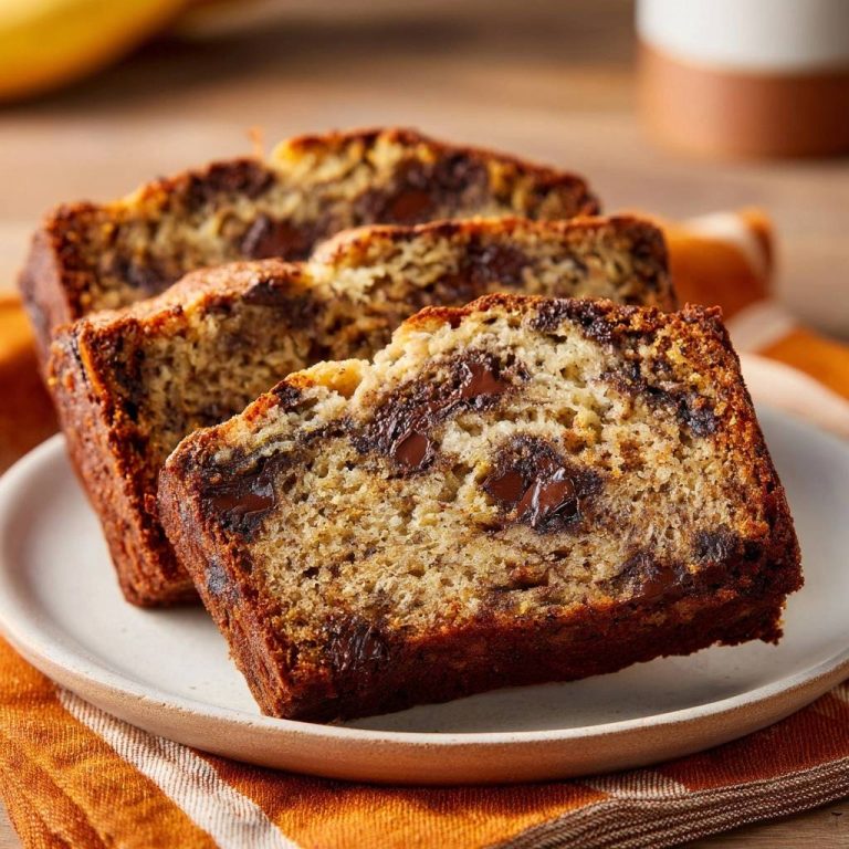 Saftiges Bananen-Schoko-Brot als Querschnitt mit vielen sichtbaren Schokoladenstücken, frisch gebacken und auf einem Teller serviert.