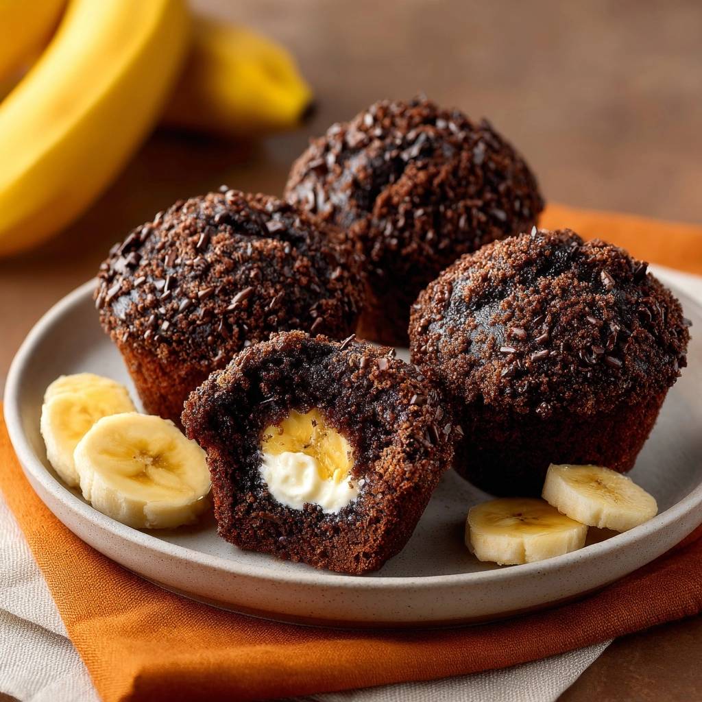 Bananen-Schoko-Muffins mit cremiger Käsefüllung, ein angeschnittener Muffin zeigt die cremige Füllung und Bananenstücke im Inneren.