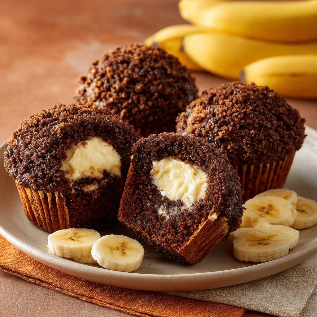 Bananen-Schoko-Muffins mit cremiger Käsefüllung, angeschnitten auf einem Teller mit Bananenscheiben und im Hintergrund Bananen.