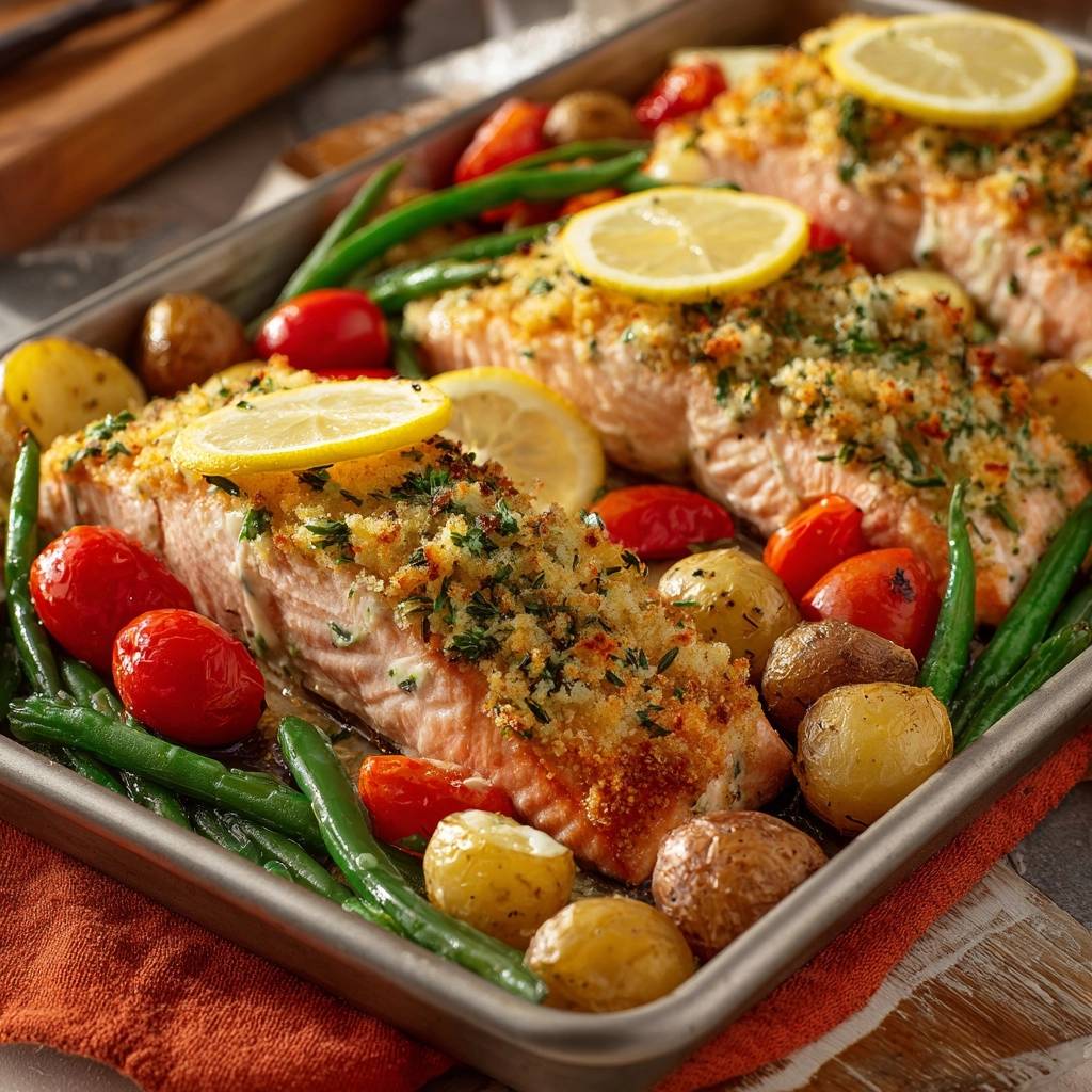 Blech-Lachs mit Zitronenkruste, Ofenkartoffeln, Bohnen & Tomaten, detailreich mit Kräutern und Zitrone garniert im Ofenblech
