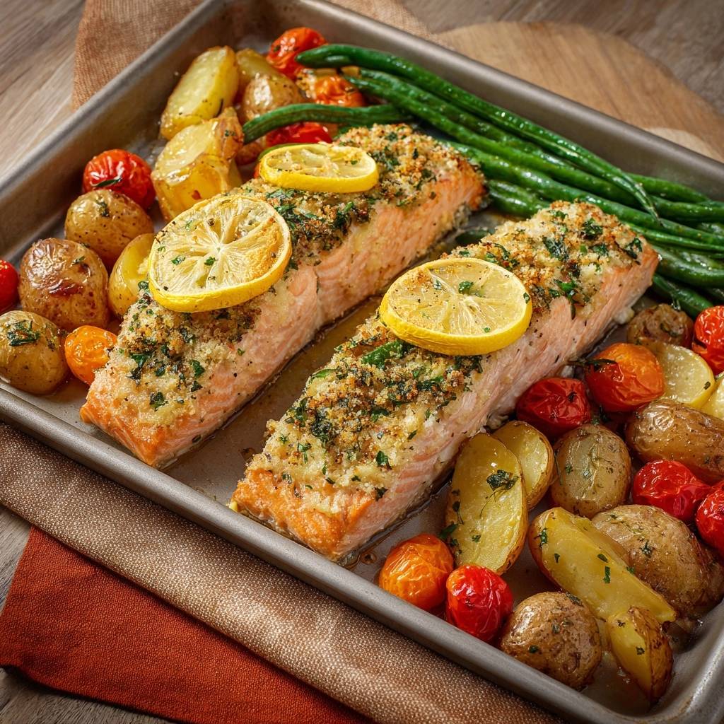 Blech-Lachs mit Zitronenkruste, Ofenkartoffeln, Bohnen & Tomaten, mit Zitronenscheiben garniert und detailreich auf dem Backblech präsentiert.