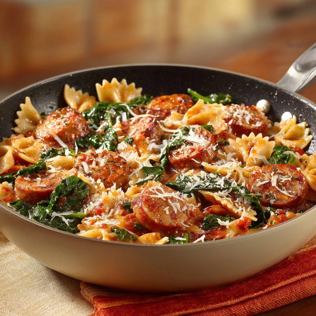 Bratwurst-Farfalle mit Spinat & Sonnentomaten in einer Pfanne serviert, Nahaufnahme der Zutaten