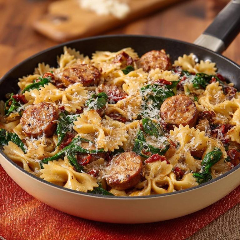 Bratwurst-Farfalle mit Spinat & Sonnentomaten, serviert in einer Pfanne mit geriebenem Parmesan