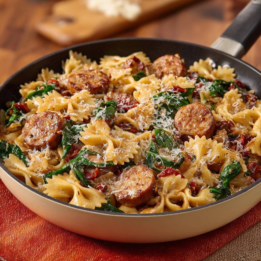 Bratwurst-Farfalle mit Spinat & Sonnentomaten, serviert in einer Pfanne mit geriebenem Parmesan