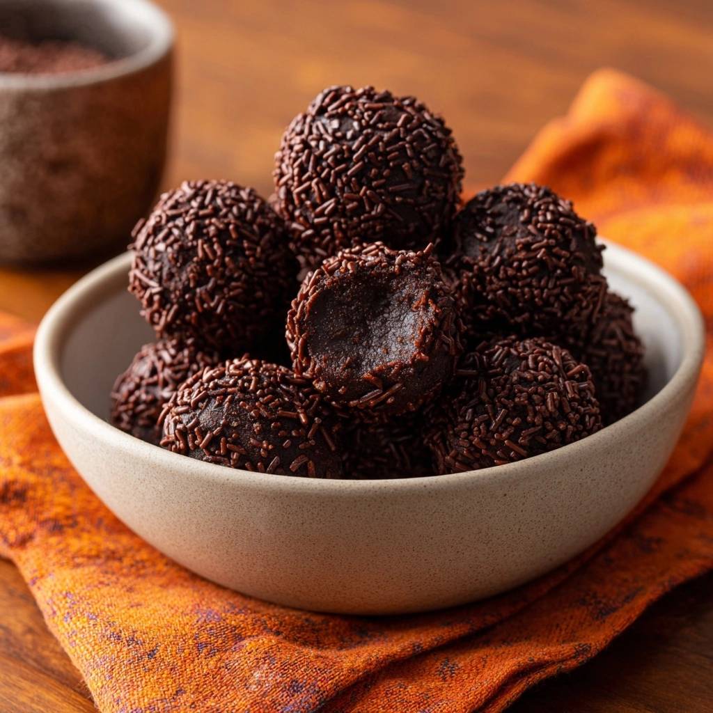 Brigadeiros angeschnitten im Detail, gezeigt in einer Schüssel mit Schokoladenstreuseln und einem orangen Tuch.