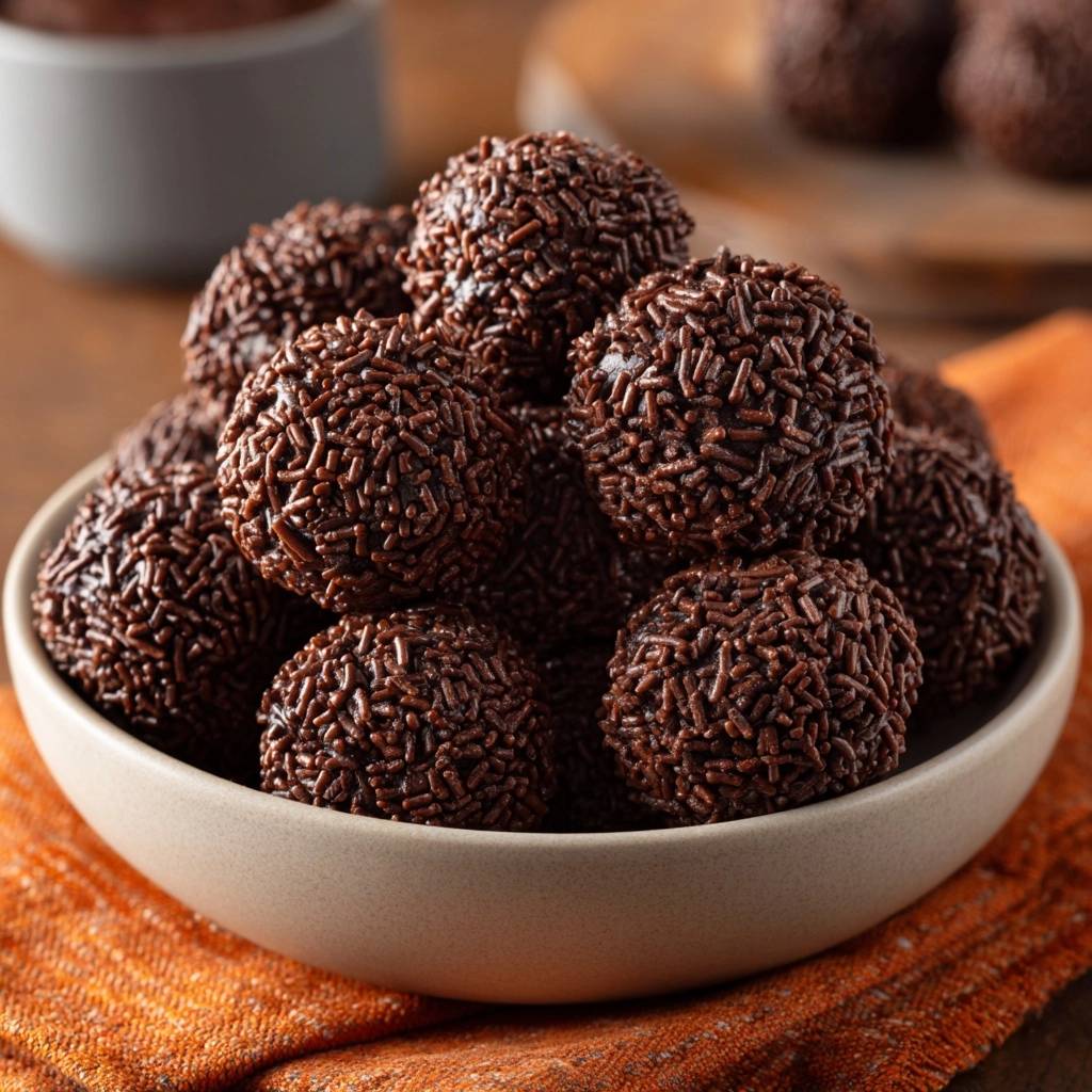 Brigadeiros sind kleine Schokoladenbällchen, die dicht aneinander in einer Schüssel mit Schokoladenstreuseln liegen.