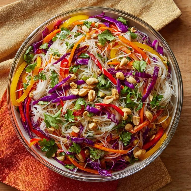 Bunter Glasnudelsalat mit Erdnüssen als Draufsicht in einer Glasschüssel mit bunten Gemüsesorten und frischem Koriander.