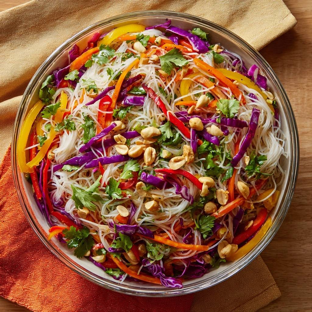 Bunter Glasnudelsalat mit Erdnüssen als Draufsicht in einer Glasschüssel mit bunten Gemüsesorten und frischem Koriander.
