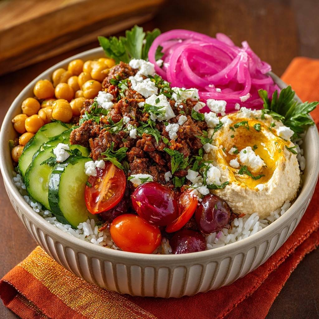Bunter Mittelmeer-Hack-Bowl als Nahaufnahme mit Hummus, Gurkenscheiben, Tomaten und Kichererbsen garniert