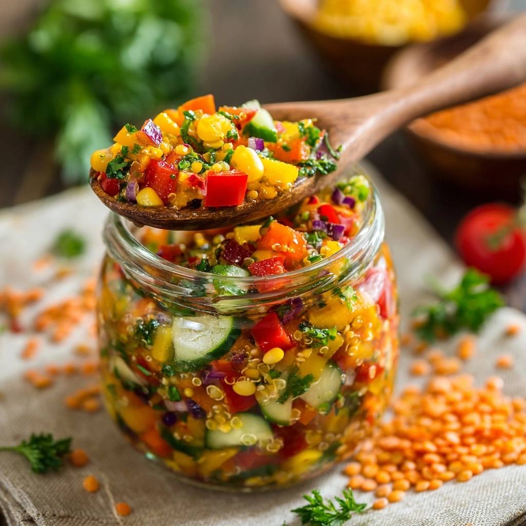 Bunter Quinoa-Linsensalat im Glas, mit einem Holzloeffel herausgenommen, um die frischen Zutaten zu zeigen.
