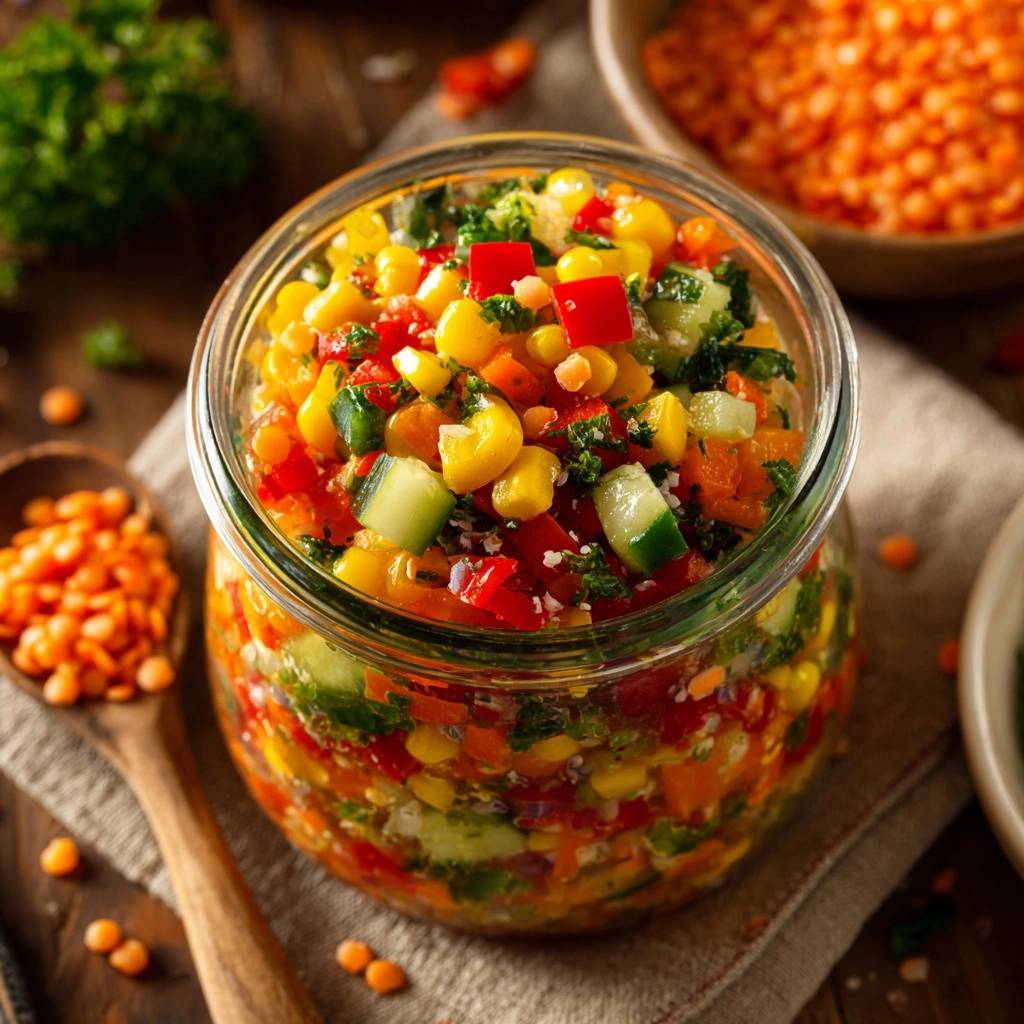 Bunter Quinoa-Linsensalat im Glas, nahaufnahme der geschichteten Zutaten mit Mais, Gurke und Paprika.