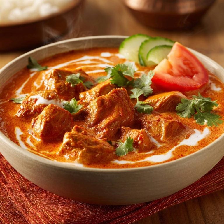 Butterhähnchen als Detailaufnahme mit cremiger Sauce und frischen Kräutern, serviert in einer Schüssel.