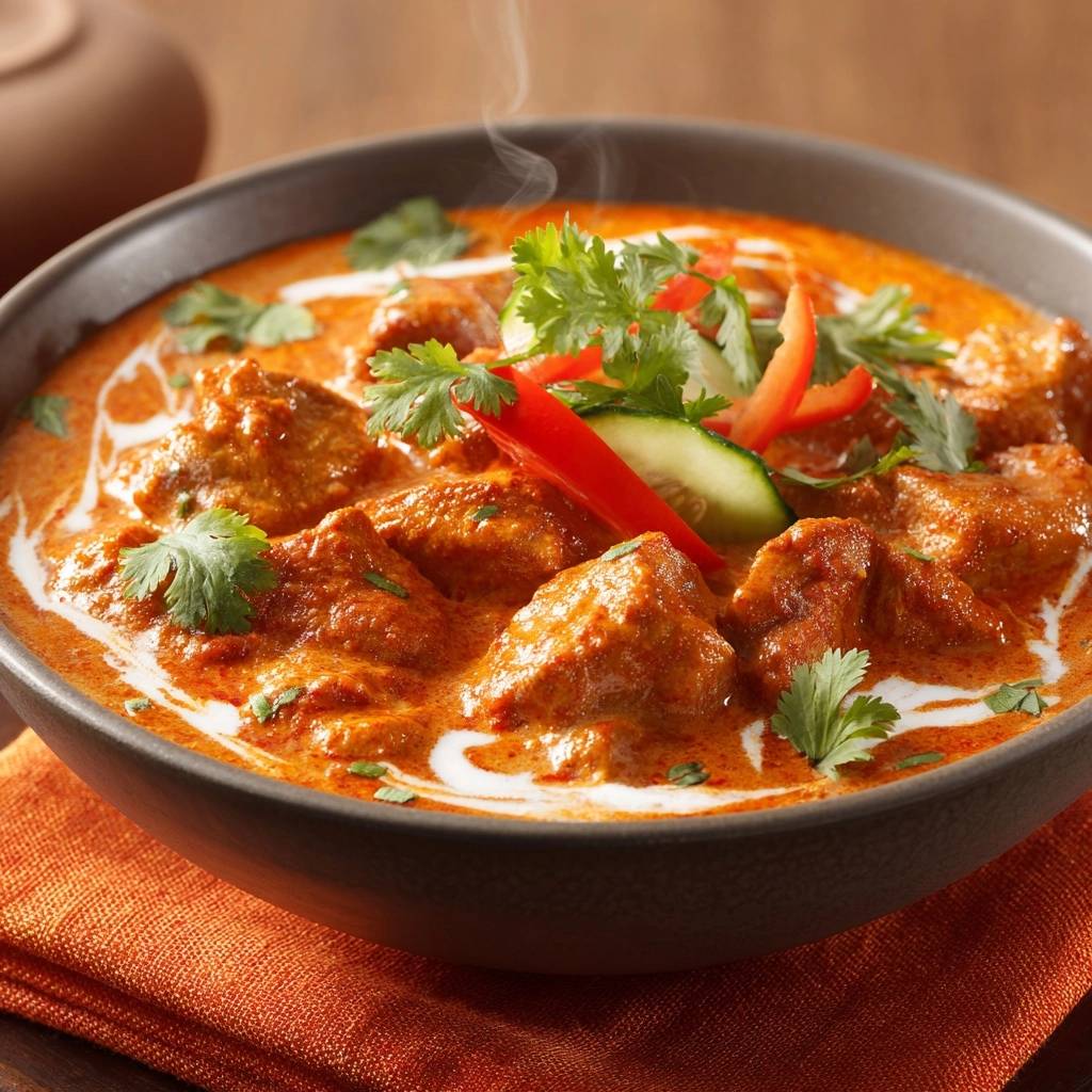 Butterhähnchen als Nahaufnahme mit cremiger Sauce, garniert mit frischem Koriander und Chili.