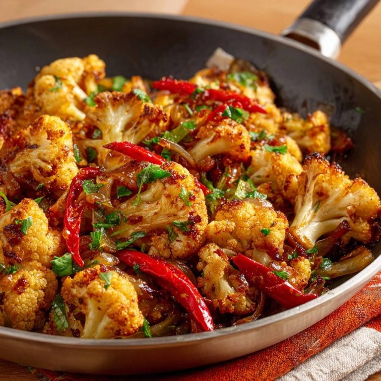 Knuspriger Chili-Blütenkohl in einer Pfanne, nahaufnahme der gebratenen Röschen mit Chilischoten und Petersilie