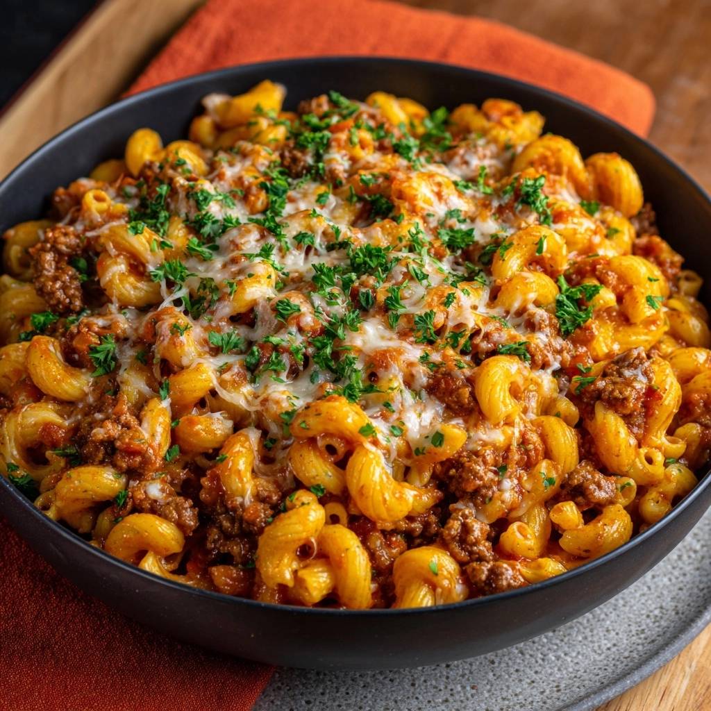 Conchiglie mit Hack-Ragout, eine Schüssel mit Nudeln und Hackfleischsauce, garniert mit frischer Petersilie und geschmolzenem Käse.