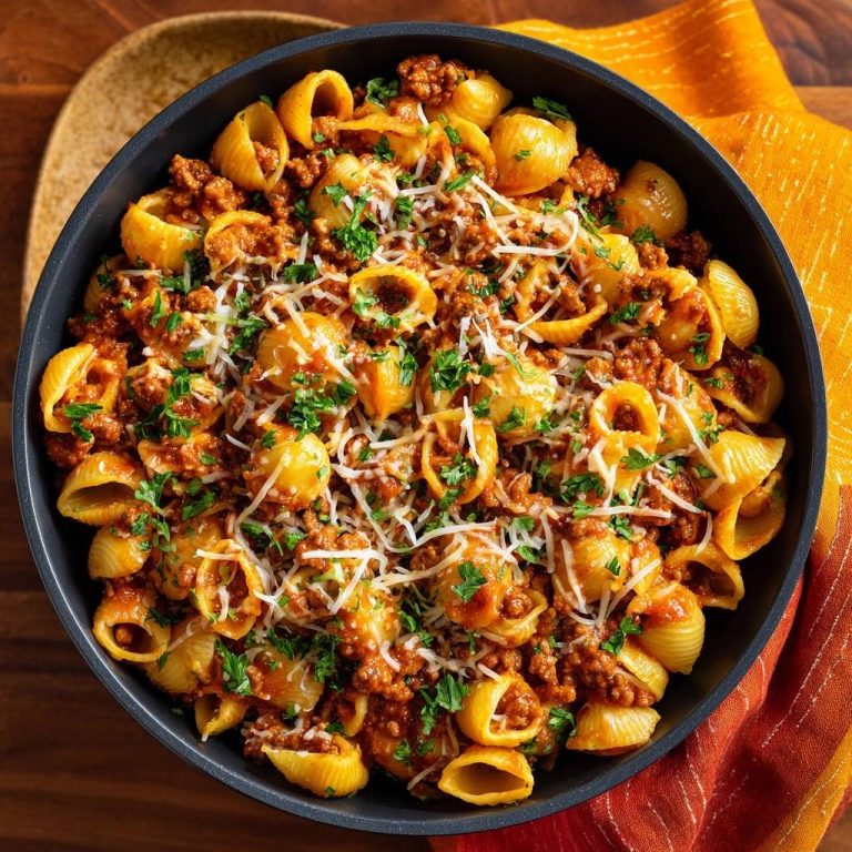 Conchiglie mit Hack-Ragout, eine Nahaufnahme des Gerichts, garniert mit frischer Petersilie und geriebenem Käse.