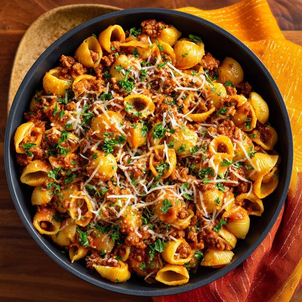 Conchiglie mit Hack-Ragout, eine Nahaufnahme des Gerichts, garniert mit frischer Petersilie und geriebenem Käse.