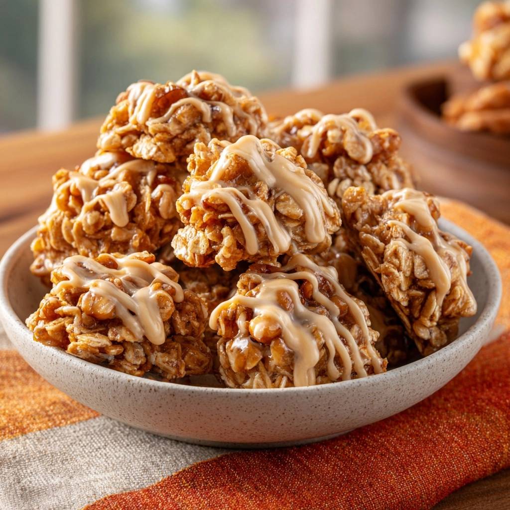 Knusprige Cornflake-Erdnuss-Cluster mit einer zarten Glasur, detailreich in einer Schüssel arrangiert