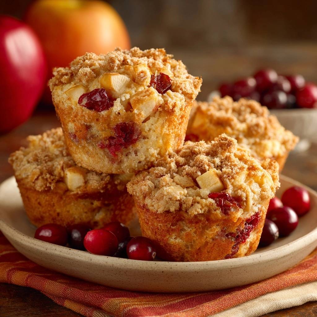Cranberry-Aprikosen-Hafer-Muffins mit einer Nahaufnahme der saftigen Früchte und knusprigen Streuseln auf einem Teller.