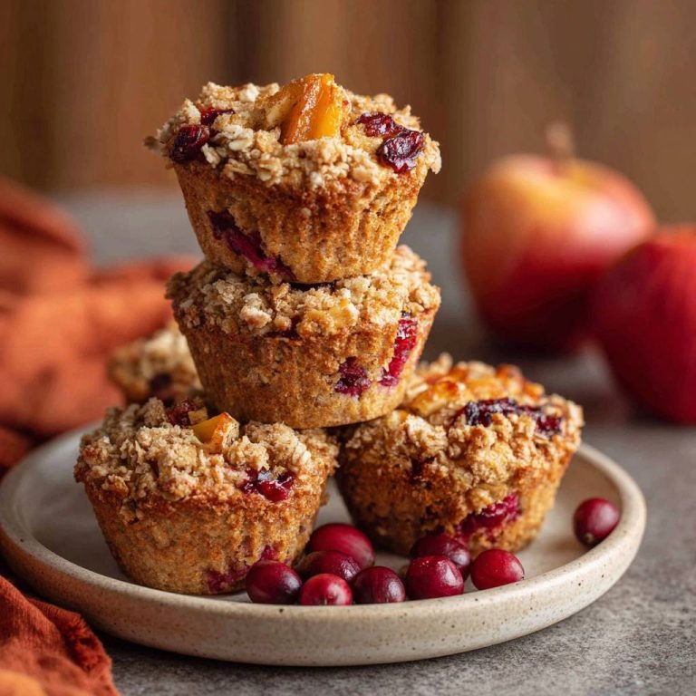 Cranberry-Aprikosen-Hafer-Muffins, gestapelt auf einem Teller mit frischen Cranberries und Äpfeln im Hintergrund.